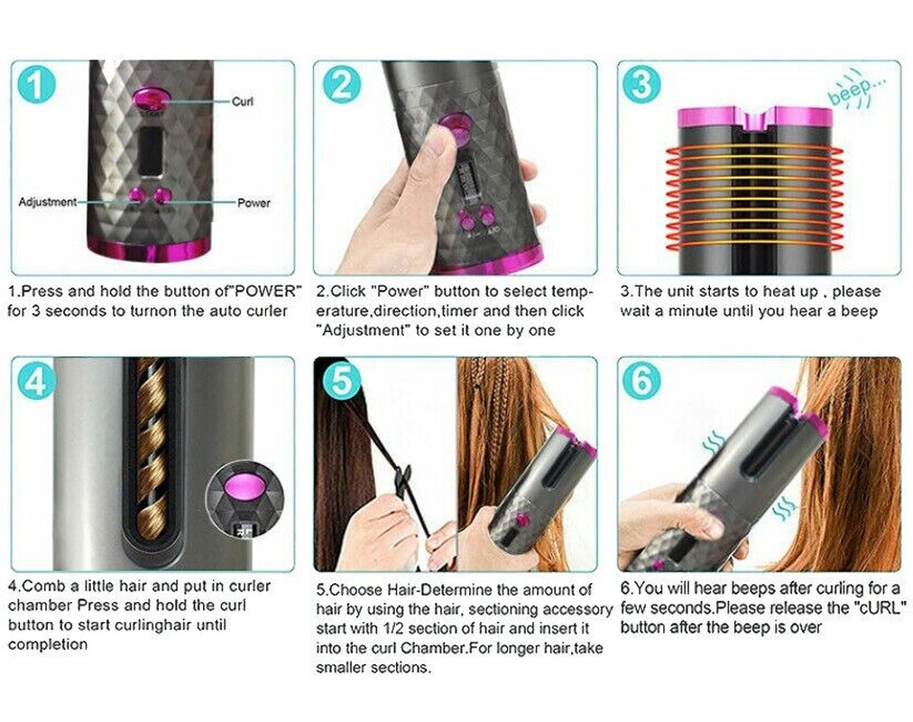 Hair Curler LCD Cordless Auto Rotating Waver Curling Iron Ceramic Wireless NEW